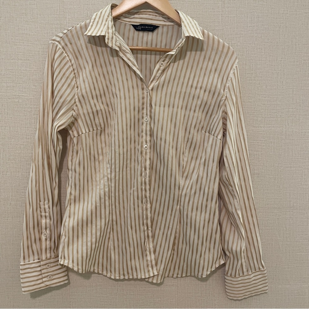 Zara gold and cream striped fitted button down blouse. Size large